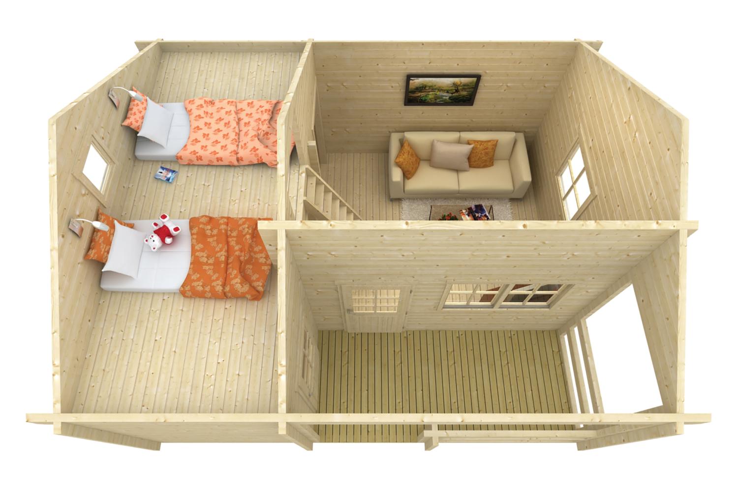 Sommerhus / Camping Hytte med Hems 70 mm vægbjælker 580 x 490 cm  PETER-HOLMBERG