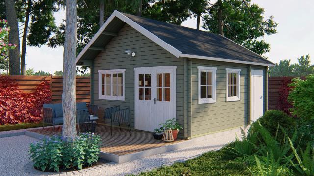 Berlin kolonihavehus 25,9 m2  i træ 44 mm Bjælkehytte 490 X 530 cm Med Hems