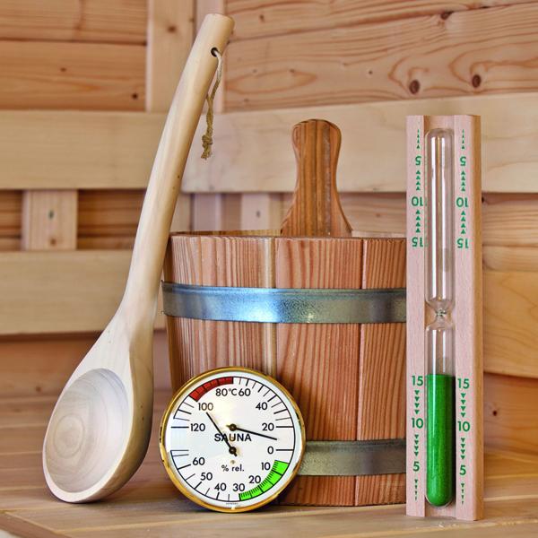 Saunatilbehør sæt Træspand med plastik interiør (4ltr) , Hygrometer , øseske , Termometer , Timeglas