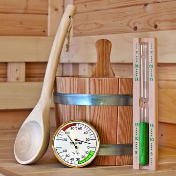 Saunatilbehør sæt Træspand med plastik interiør (4ltr) , Hygrometer , øseske , Termometer , Timeglas
