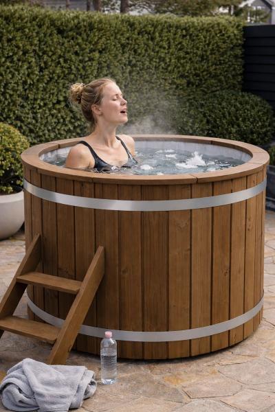 Koldtvandsbad Ø120 cm – i Thermowood med trappe & Låg 