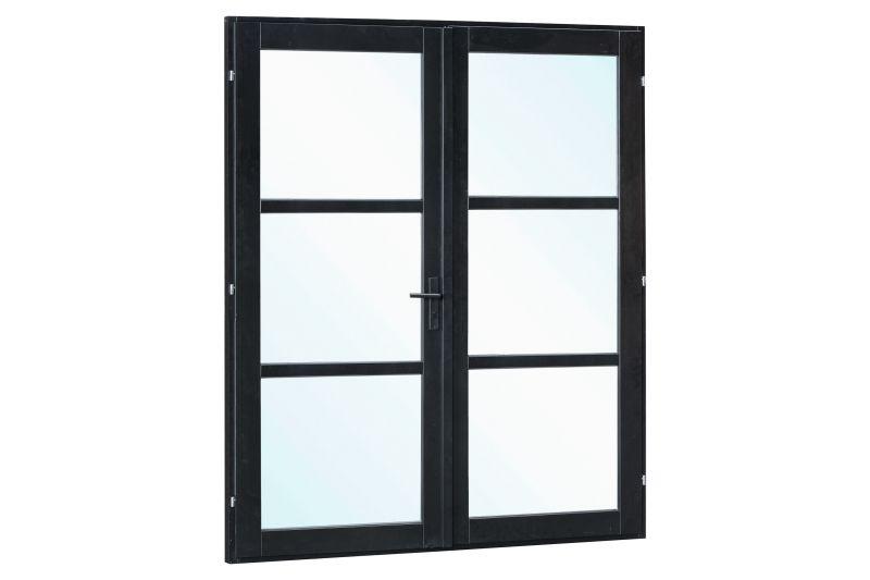 Dobbeltdør Grantræ Stållook Sort – 2050 × 2120 mm – Venstrehængslet – Hærdet Glas PETER-HOLMBERG